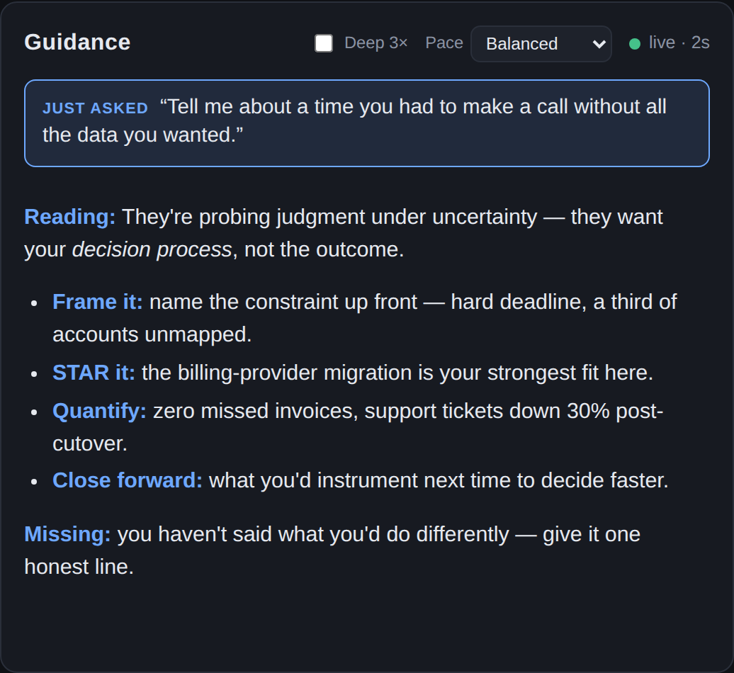 The Guidance panel with a 'Just asked' banner showing the detected question, and structured coaching streaming in beneath it.