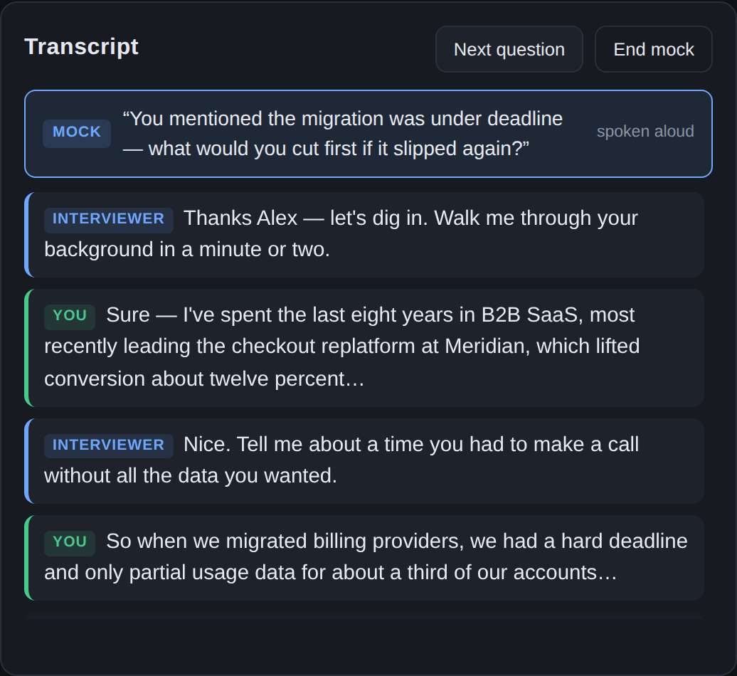 Mock interview mode: the interviewer's follow-up question in the mock bar above the live transcript, with Next question and End mock controls.