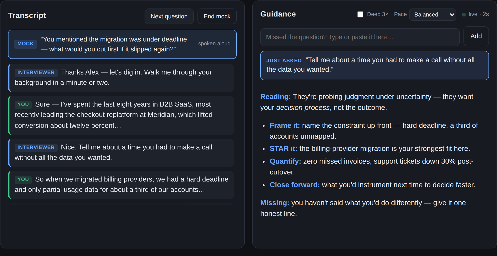 The live view: a transcript panel on the left and streaming coaching on the right — reading of the question, points to hit, and what the answer is missing.
