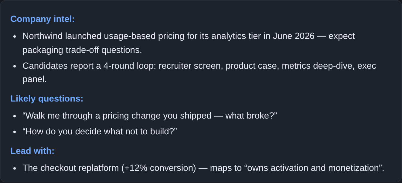 A generated prep brief: dated company intel, strengths to lead with mapped to the job description, and gaps to shore up.